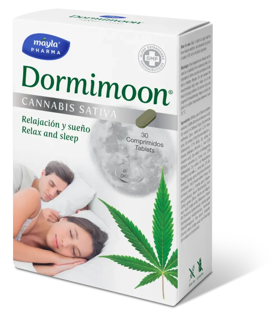 dormimoon cannabis sativa, un producto de Mayla pharma para la relajación y el sueño