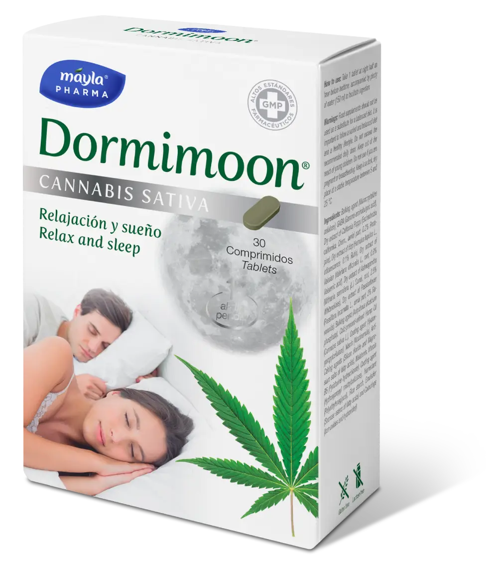 dormimoon cannabis sativa, un producto de Mayla pharma para la relajación y el sueño